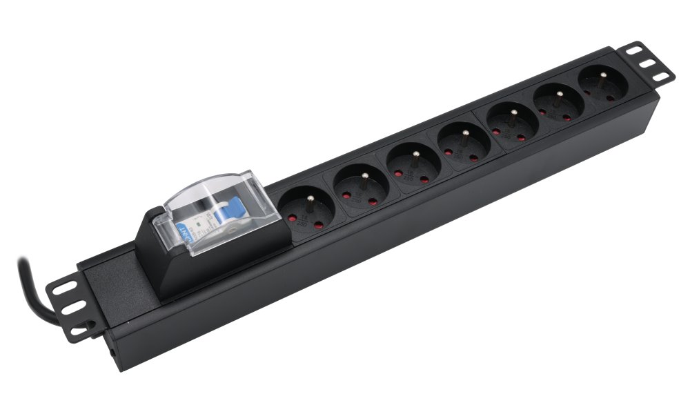 XtendLan 19'' rozvodný panel 7x 230V, ČSN, s nadproudovým jističem/vypínačem-ADV ZASUVKA7B1-19-ADV