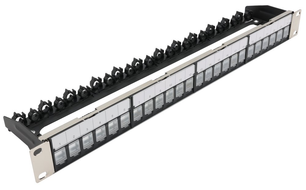 XtendLan Patch panel 19", 24 portů, neosazený, stíněný, černý, ,CAT5e,6,6A,7, vyvazovák PP19-24N-N