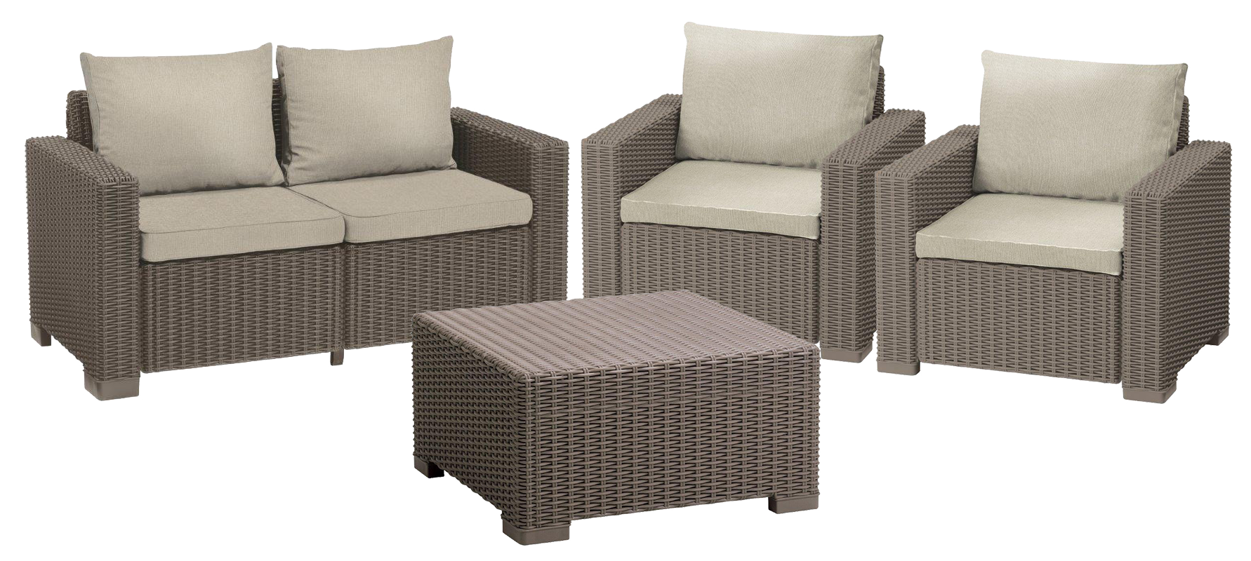 Záhradný nábytok Keter California set stôl + 2 kreslá + dvojsedadlová pohovka Cappuccino 610049
