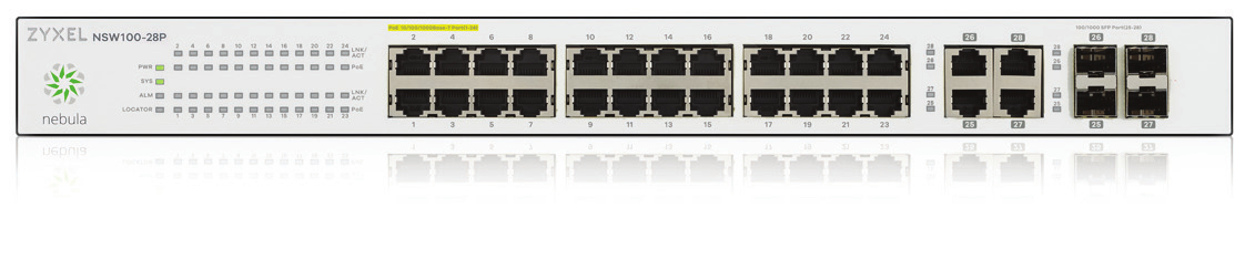 Zyxel Nebula NSW100-28P - Přepínač - řízený - 24 x 10/100/1000 (PoE) + 4 x kombinace SFP - Lze mont NSW100-28P-EU0101F