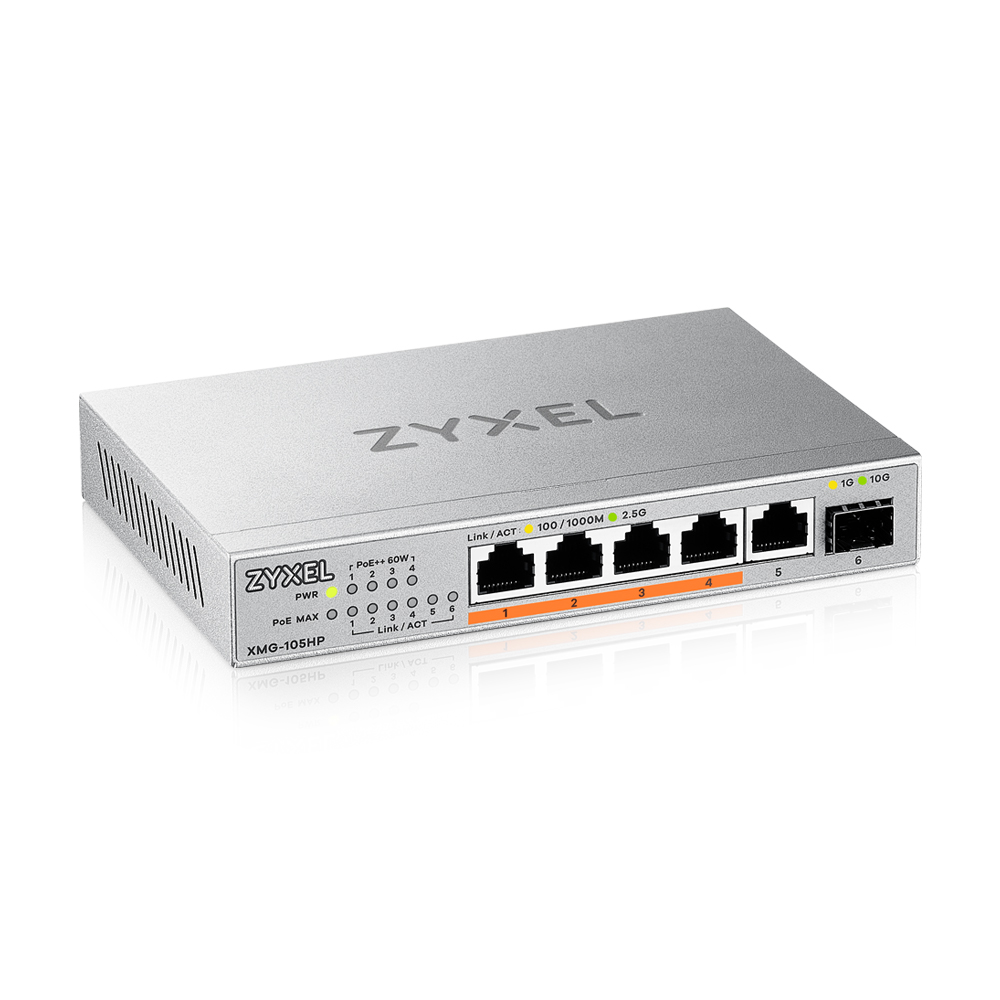 Zyxel XMG-105 5 Ports 2,5G + 1 SFP+, 4 ports 70W total PoE++ Desktop MultiGig unmanaged Switch XMG-105HP-EU0101F