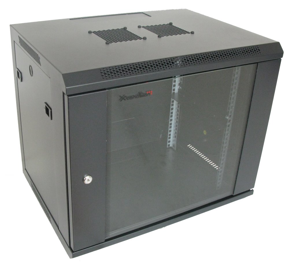 XtendLan 9U/600x450, na zeď, jednodílný, skleněné dveře, černý WS-9U-64-BLACK-P