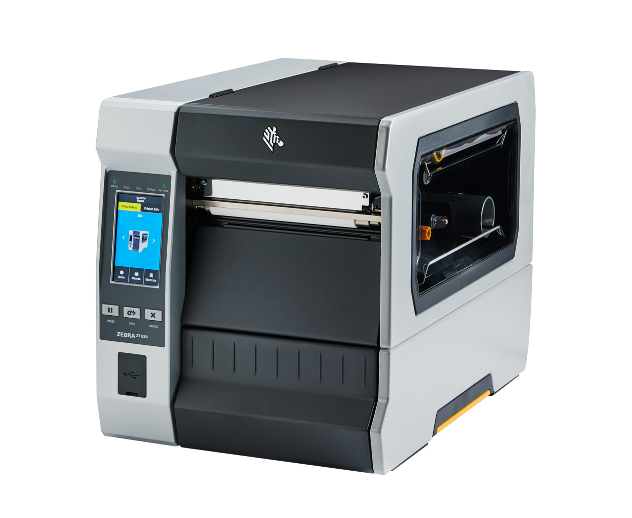 Zebra ZT620, 12 dots/mm (300 dpi), rewind, disp. (colour), RTC, ZPL, ZPLII, USB, RS-232, BT, Ethernet ZT62063-T2E0200Z
