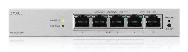 Zyxel GS1200-5HPv2 5-portový stolový gigabitový webový inteligentný PoE switch, 4x PoE+ GbE, PoE 60 GS1200-5HPV3-EU0101F